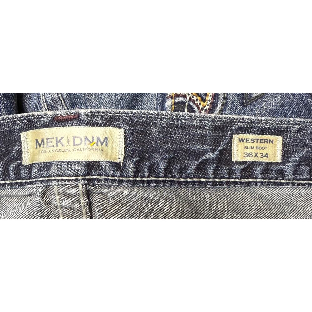 MEK Mens Jean 36x34 Western Slim Boot Raw Hem Distressed Dark Wash Embroidered - Picture 11 of 15